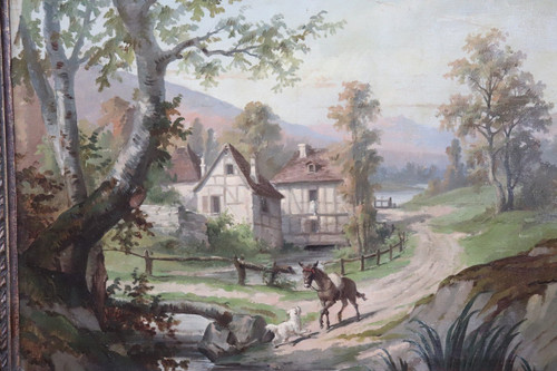 Country Town Landscape, 1890, Oil Painting on Canvas, Framed, Set of 2