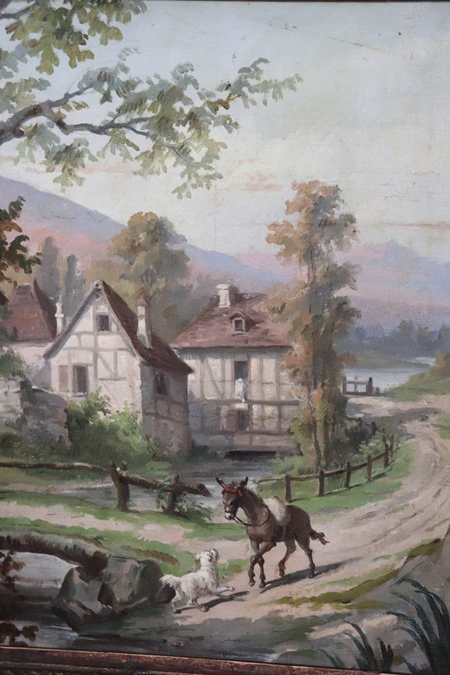 Country Town Landscape, 1890, Oil Painting on Canvas, Framed, Set of 2