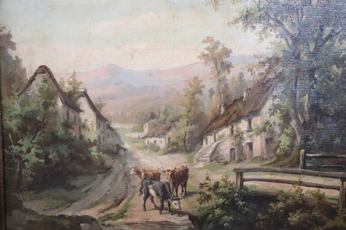 Country Town Landscape, 1890, Oil Painting on Canvas, Framed, Set of 2