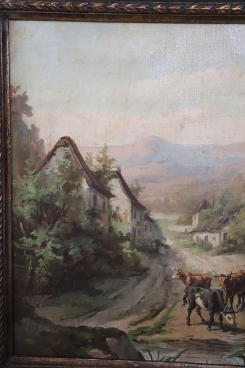 Country Town Landscape, 1890, Oil Painting on Canvas, Framed, Set of 2