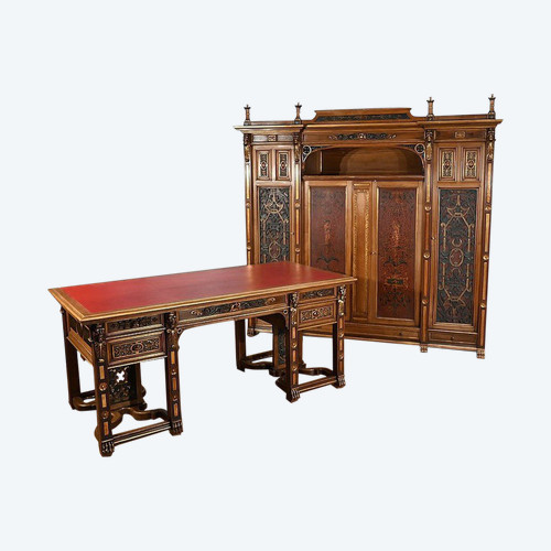 Rare Italian Renaissance Walnut Cabinet and Desk - 1900