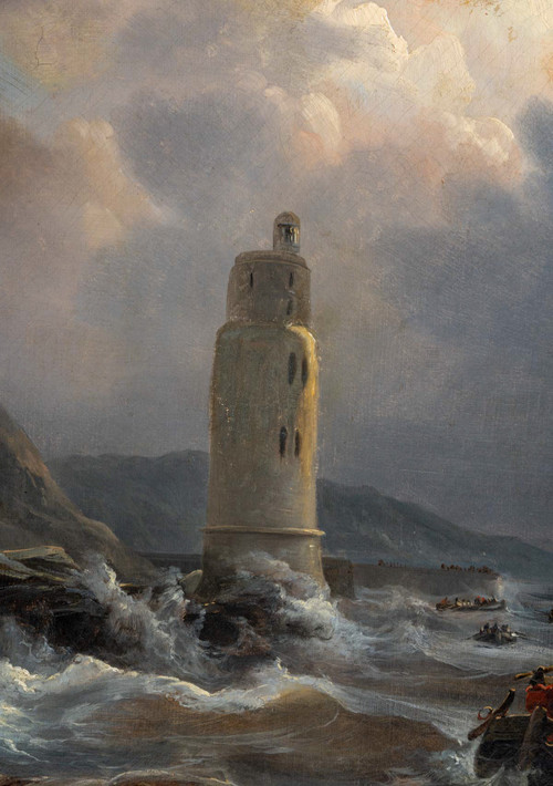 Fischerboot in den Brechern signiert Johann-Jakob Ulrich (1798-1877) Öl auf Leinwand um 1837