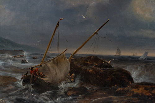 Fischerboot in den Brechern signiert Johann-Jakob Ulrich (1798-1877) Öl auf Leinwand um 1837