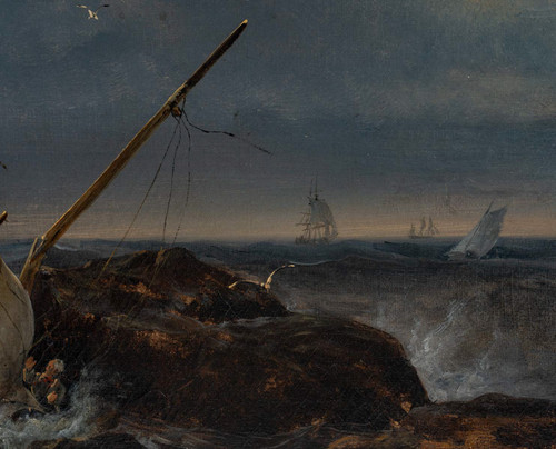 Fischerboot in den Brechern signiert Johann-Jakob Ulrich (1798-1877) Öl auf Leinwand um 1837