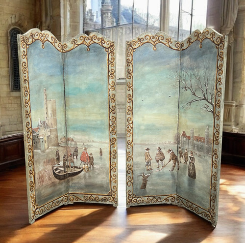 PAIR OF 2-LEAF FOLDING SCREENS / NORTHERN SCHOOL / PAINTED CANVAS "THE SKATERS