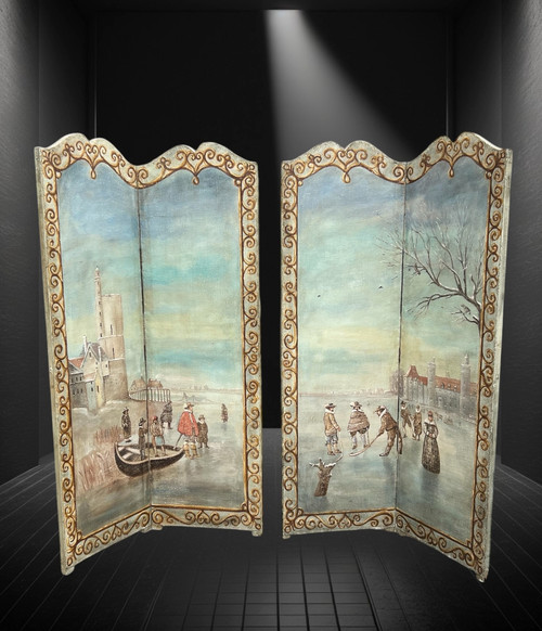 PAIR OF 2-LEAF FOLDING SCREENS / NORTHERN SCHOOL / PAINTED CANVAS "THE SKATERS