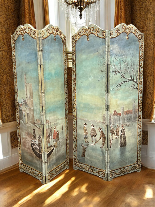 PAIR OF 2-LEAF FOLDING SCREENS / NORTHERN SCHOOL / PAINTED CANVAS "THE SKATERS