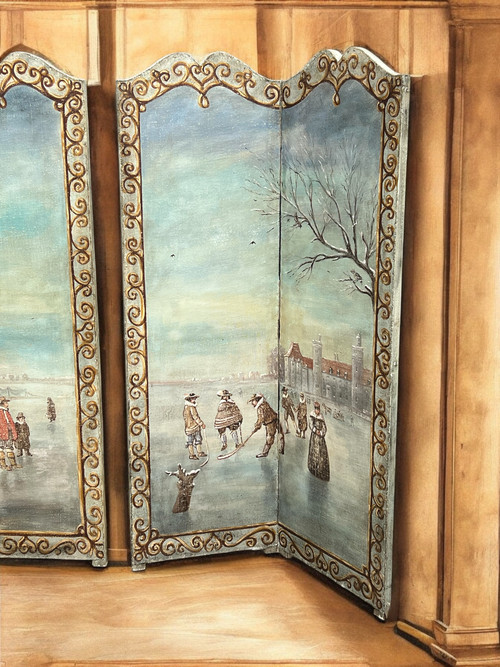 PAIR OF 2-LEAF FOLDING SCREENS / NORTHERN SCHOOL / PAINTED CANVAS "THE SKATERS