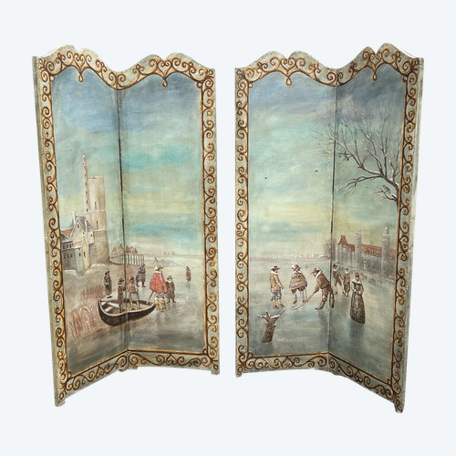 PAIR OF 2-LEAF FOLDING SCREENS / NORTHERN SCHOOL / PAINTED CANVAS "THE SKATERS