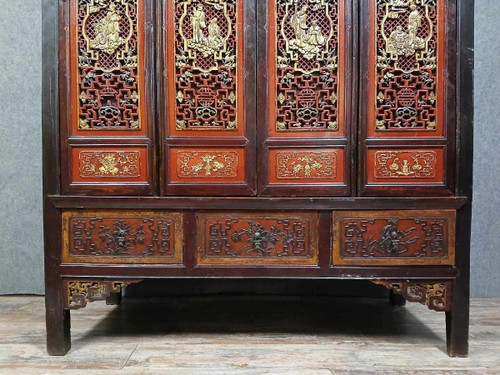 Credenza cinese in lacca rossa della fine del XIX secolo della dinastia Qing