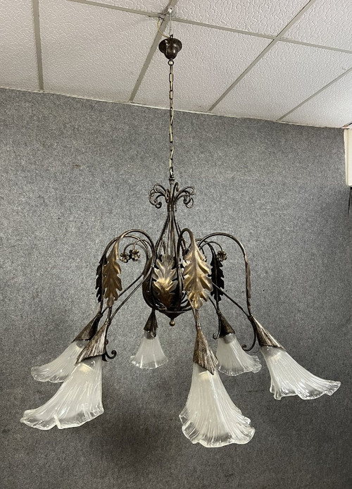 Art Deco chandelier in patinated hammered metal / Height 170 x 162 cm