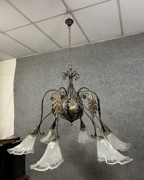 Art Deco chandelier in patinated hammered metal / Height 170 x 162 cm