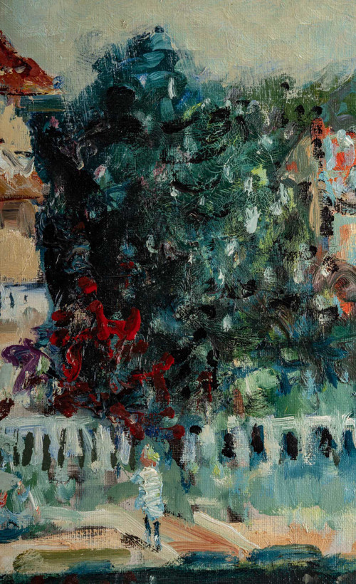 Mério Ameglio (1897-1970) Bords de Marne oil on canvas circa 1963