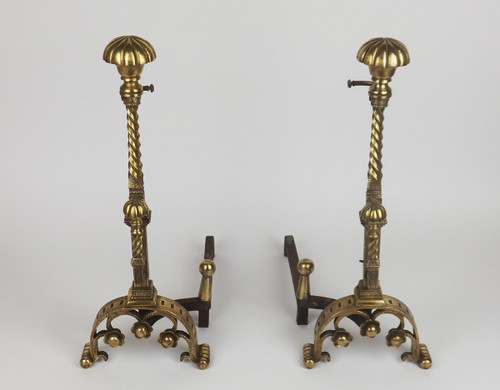 Pair of neo-Gothic bronze andirons