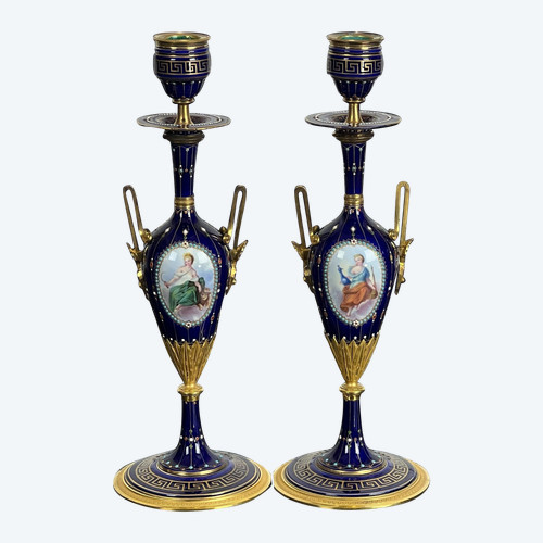 EXCEPTIONAL PAIR OF ENAMELLED BRONZE CANDLESTICKS ATTRIBUTED TO ALPHONSE GIROUX