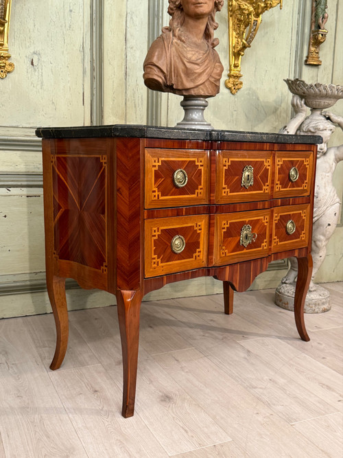 Transitional Marquetry Sauteuse Chest of Drawers Circa 1760