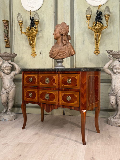 Transitional Marquetry Sauteuse Chest of Drawers Circa 1760