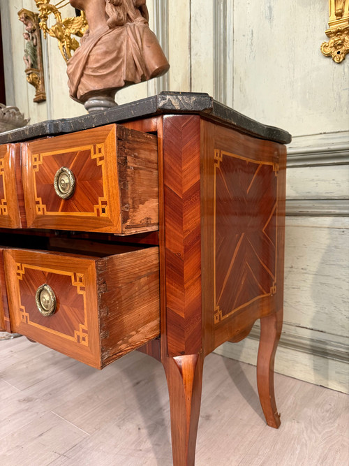 Transitional Marquetry Sauteuse Chest of Drawers Circa 1760