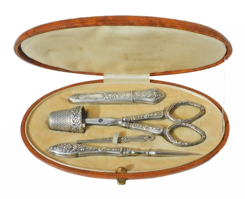 Antique Silver Sewing Box Set, 19th Century, Scissors, Thimble, Sewing Awl