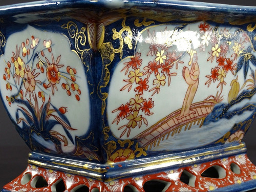 Japan, Late 19th Century, Imari Port, Porcelain Jardiniere Decorated With Animated Landscapes.