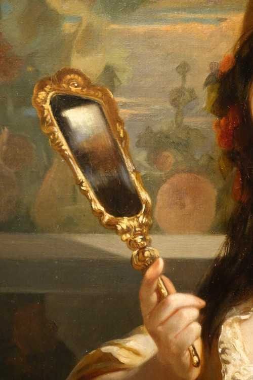 "jeune femme au miroir", huile sur toile, Ch. Louis Muller( 1815-1892)