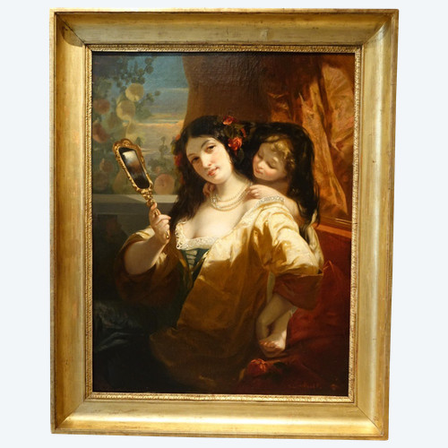 "giovane donna con uno specchio", olio su tela, cap. Louis Muller (1815-1892)