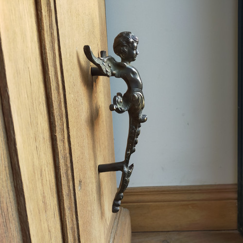 Pair of Antique Door Pull Handles Angel Cherub Putti Oak Ironwork