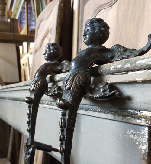 Pair of Antique Door Pull Handles Angel Cherub Putti Oak Ironwork