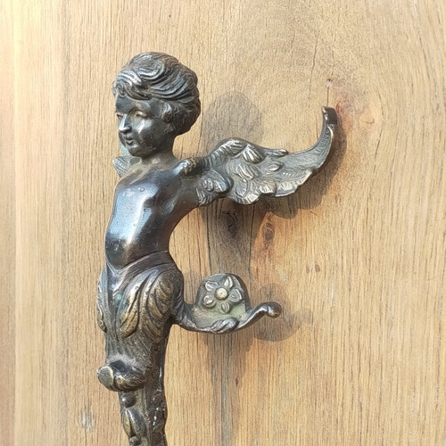 Pair of Antique Door Pull Handles Angel Cherub Putti Oak Ironwork