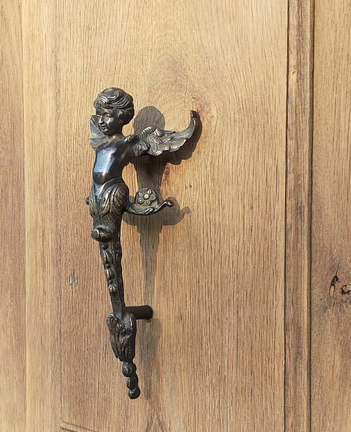 Pair of Antique Door Pull Handles Angel Cherub Putti Oak Ironwork