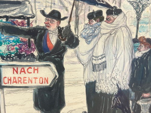 dipinto ad acquerello di Gaston Le BEUZE XX secolo Parigi occupata sotto la neve nel 1941 