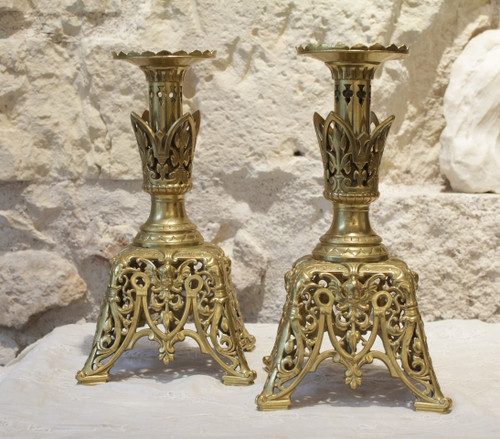 Pair of openwork gilt bronze candlesticks with fine interlacing decoration, late 19th century