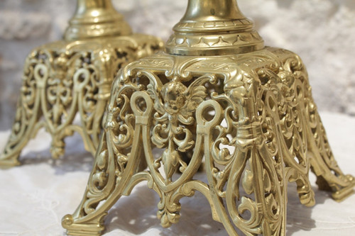 Pair of openwork gilt bronze candlesticks with fine interlacing decoration, late 19th century