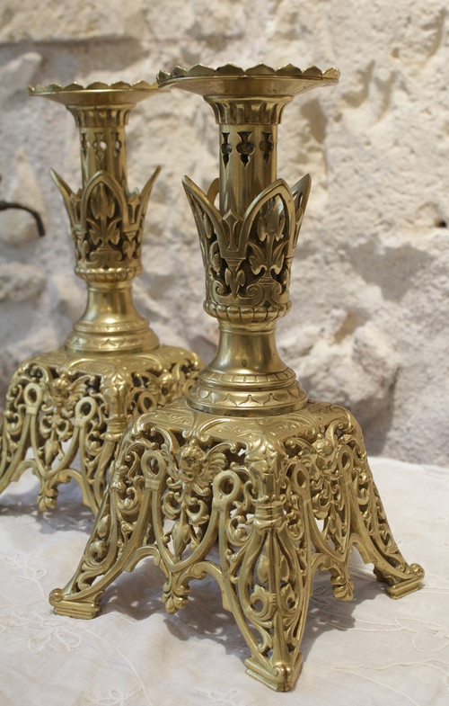 Pair of openwork gilt bronze candlesticks with fine interlacing decoration, late 19th century