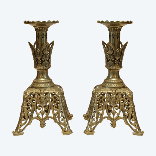 Pair of openwork gilt bronze candlesticks with fine interlacing decoration, late 19th century