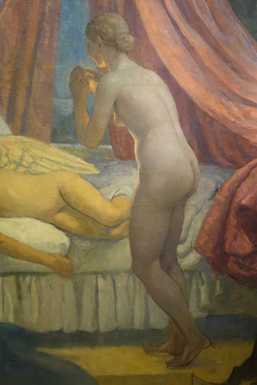 "Cupid's Sleep", very large oil on canvas , A.M. RAYNOLT, About 1925-1930