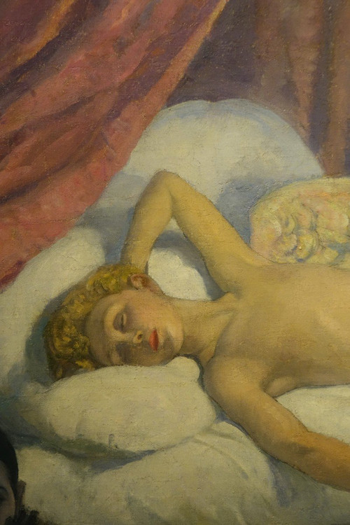 "Cupid's Sleep", very large oil on canvas , A.M. RAYNOLT, About 1925-1930