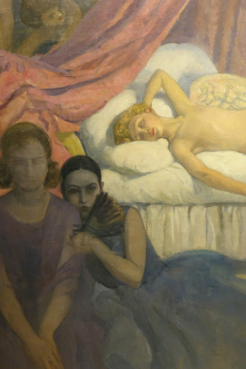 "Cupid's Sleep", very large oil on canvas , A.M. RAYNOLT, About 1925-1930