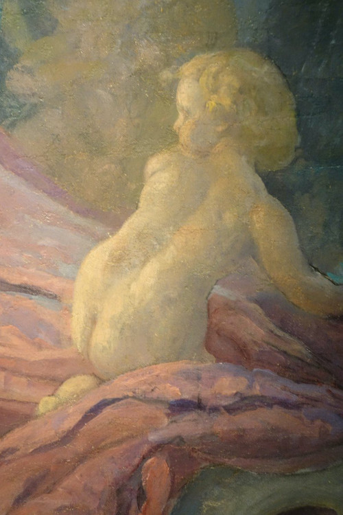 "Cupid's Sleep", very large oil on canvas , A.M. RAYNOLT, About 1925-1930