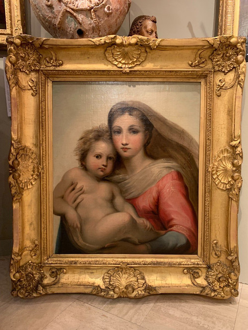 Oil on canvas "Virgin and Child" after Raphael, France About 1820