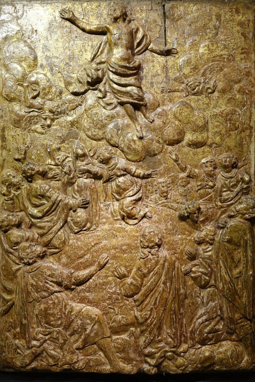 l'Ascension Du Christ, Bas-relief En Bois Doré, 17e S. Flandres?