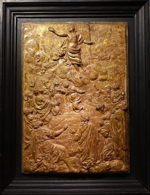 l'Ascension Du Christ, Bas-relief En Bois Doré, 17e S. Flandres?