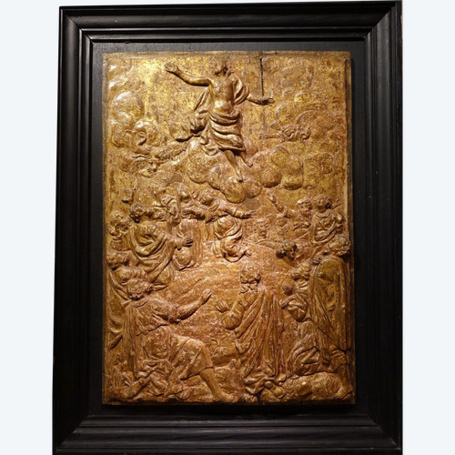 l'Ascension Du Christ, Bas-relief En Bois Doré, 17e S. Flandres?