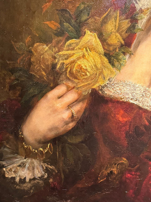 Ritratto di una giovane donna che tiene in mano un mazzo di rose. A.BRASCH 1901