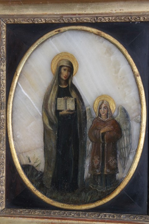 Ancient 17th century painting of Santa Francesca Romana and Angel. Oil on onyx. Size 30 x 25 Frame