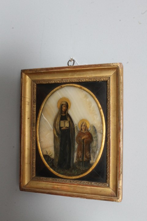 Ancient 17th century painting of Santa Francesca Romana and Angel. Oil on onyx. Size 30 x 25 Frame