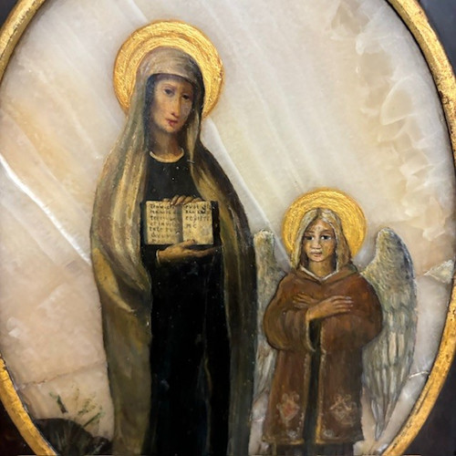 Ancient 17th century painting of Santa Francesca Romana and Angel. Oil on onyx. Size 30 x 25 Frame