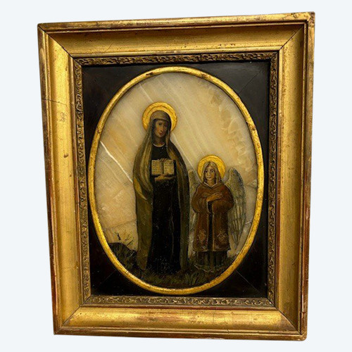 Ancient 17th century painting of Santa Francesca Romana and Angel. Oil on onyx. Size 30 x 25 Frame