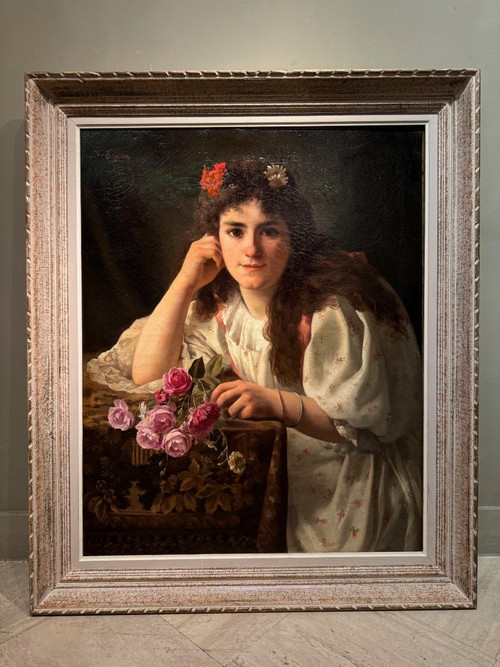 Portrait of a young girl with a bouquet of roses, V. HUGON, 1896