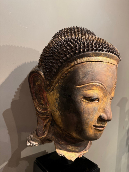 Large gilded terracotta Buddha head, Burma, Shan states, late 18th century.